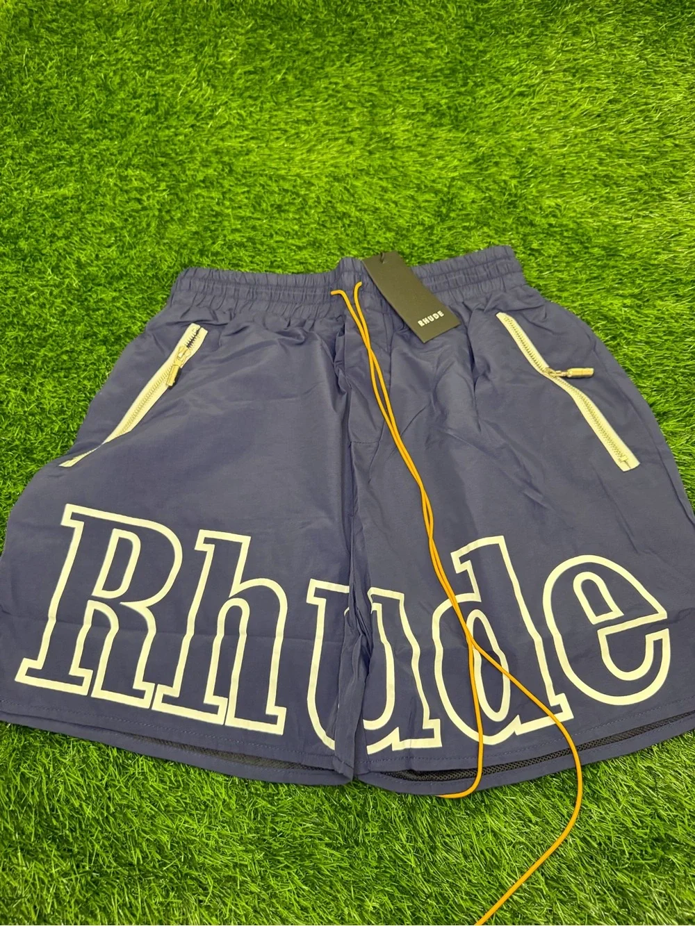 Rhude Men’s Purple Athletic Logo Shorts with Yellow Drawstring